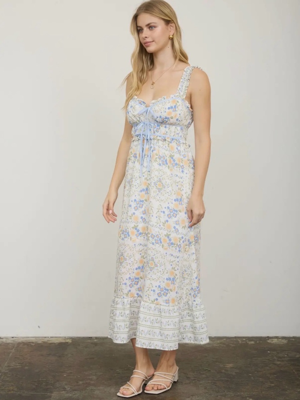 Floral Lace-Trim Maxi Skirt Dress in Light Blue and Cream-NWT